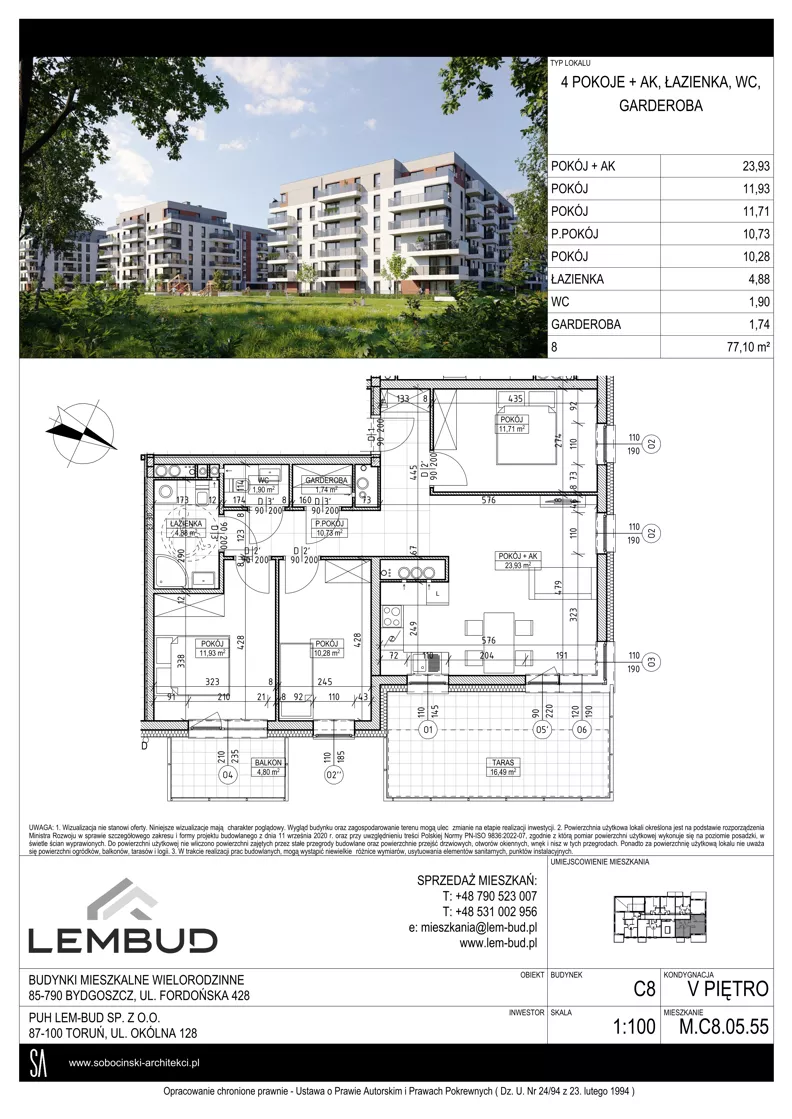 4 pokoje, mieszkanie 77,10 m², piętro 5, oferta nr C8.05.55, Osiedle Panorama Wiślana, Bydgoszcz, Fordon, ul. Fordońska 428