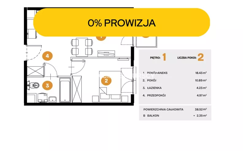 2 pokoje, mieszkanie 38,52 m², piętro 1, oferta nr , BS2-MS-308509-36, Kraków, Bronowice, Na Błonie