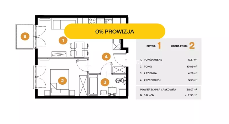 2 pokoje, mieszkanie 38,07 m², piętro 1, oferta nr , BS2-MS-308504-37, Kraków, Bronowice, Na Błonie