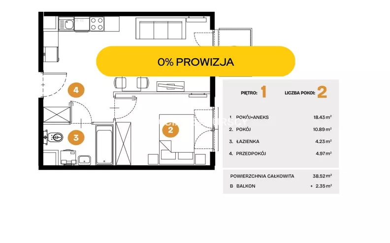 2 pokoje, mieszkanie 38,52 m², piętro 1, oferta nr , BS2-MS-308509-37, Kraków, Bronowice, Na Błonie