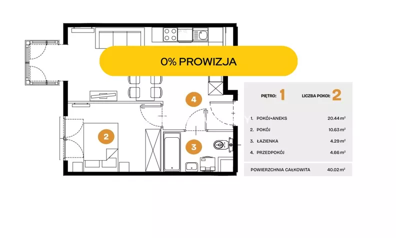2 pokoje, mieszkanie 40,02 m², piętro 1, oferta nr , BS2-MS-308502-37, Kraków, Bronowice, Na Błonie