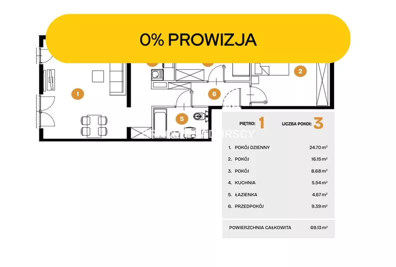 3 pokoje, mieszkanie 69,13 m², piętro 1, oferta nr , BS2-MS-308499-36, Kraków, Bronowice, Na Błonie