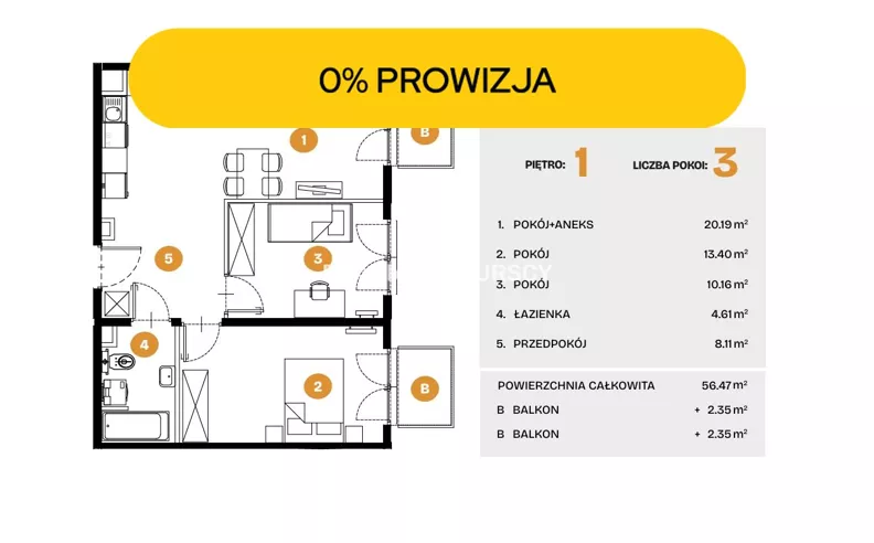 3 pokoje, mieszkanie 56,47 m², piętro 1, oferta nr , BS2-MS-308511-36, Kraków, Bronowice, Na Błonie