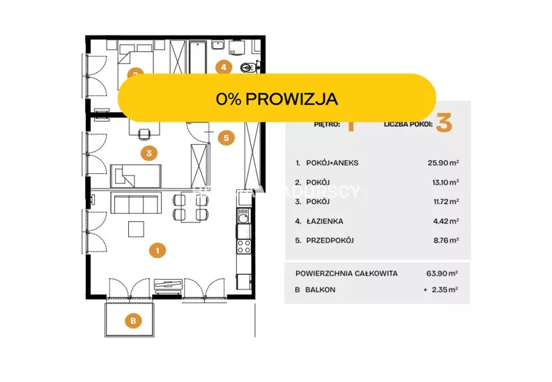 3 pokoje, mieszkanie 63,90 m², piętro 1, oferta nr , BS2-MS-308506-37, Kraków, Bronowice, Na Błonie