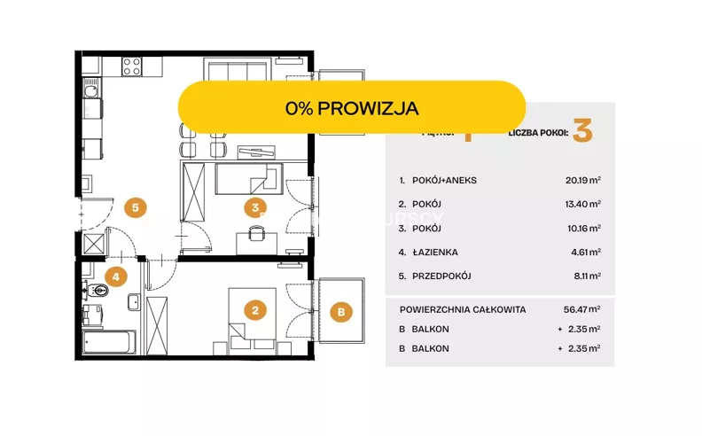 3 pokoje, mieszkanie 56,47 m², piętro 1, oferta nr , BS2-MS-308511-37, Kraków, Bronowice, Na Błonie