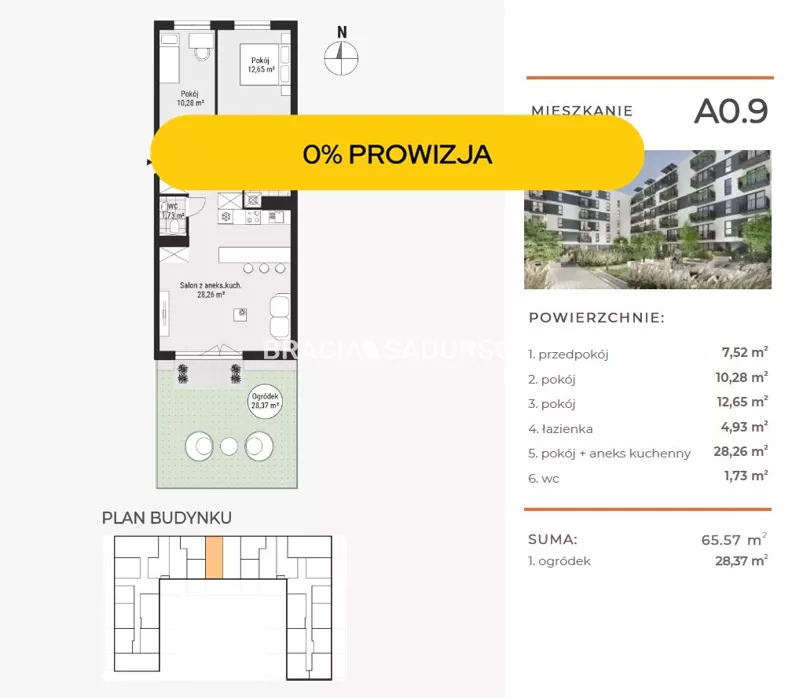 3 pokoje, mieszkanie 65,49 m², parter, oferta nr , BS2-MS-304715-47, Kraków, Podgórze, Rybitwy, Tadeusza Śliwiaka