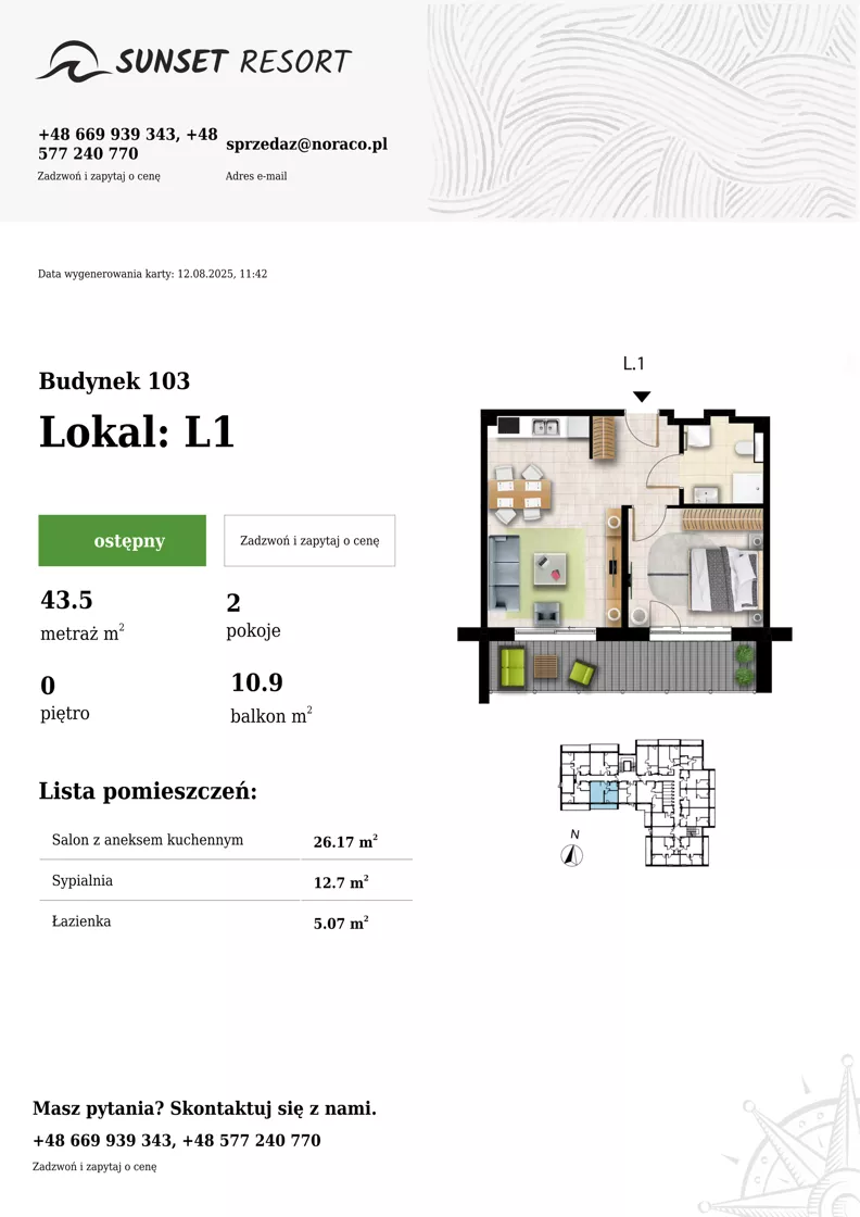 2 pokoje, apartament 43,50 m², parter, oferta nr 103-L1, Sunset Resort, Grzybowo, ul. Nadmorska 106