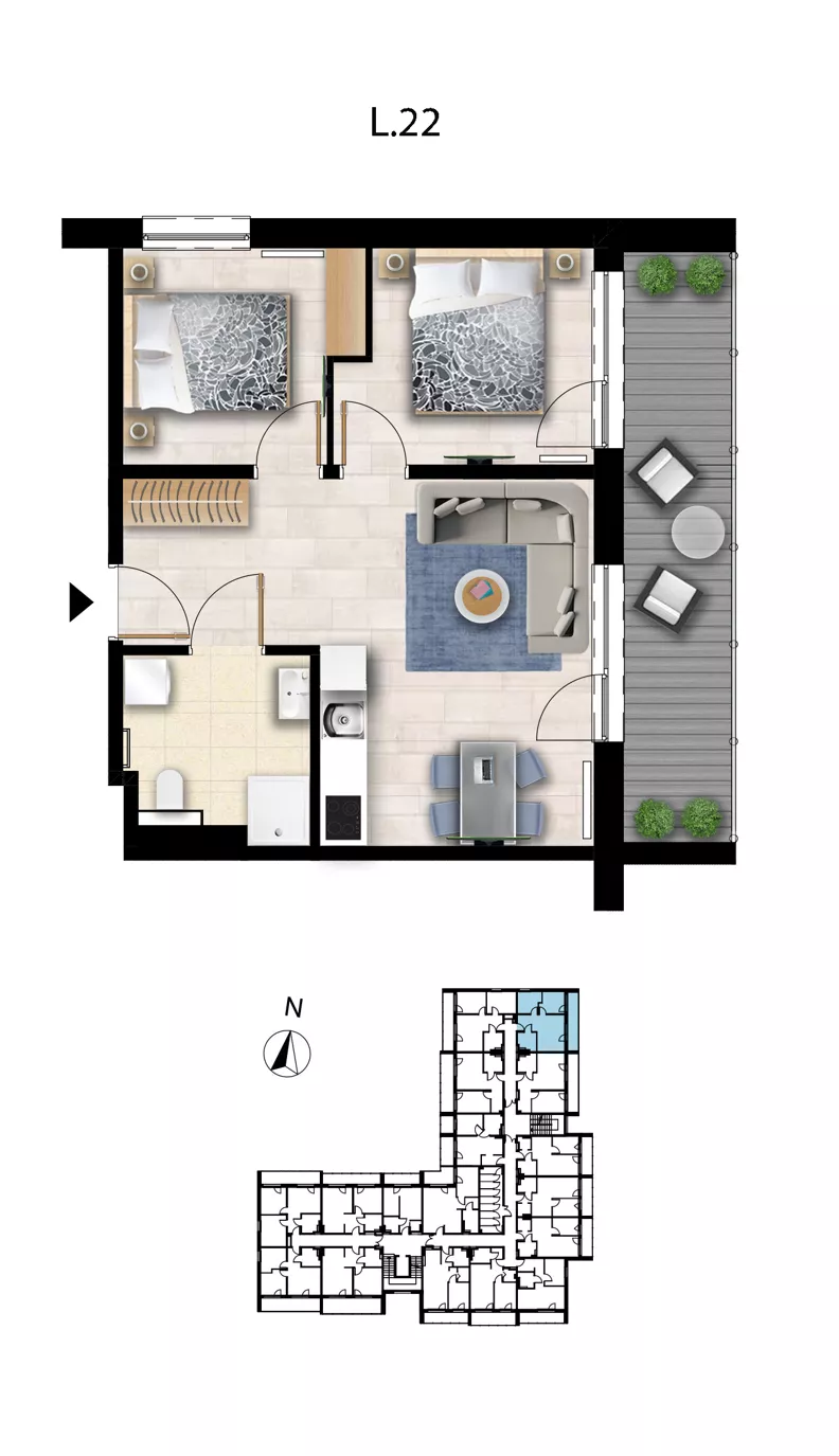 3 pokoje, apartament 44,73 m², piętro 1, oferta nr L 22, Sunset Resort bud 302, Grzybowo, ul. Nadmorska 106