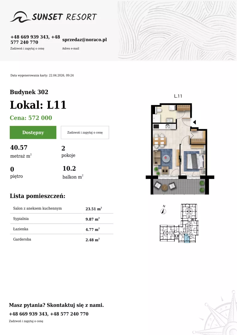 2 pokoje, apartament 40,57 m², parter, oferta nr L 11, Sunset Resort bud 302, Grzybowo, ul. Nadmorska 106