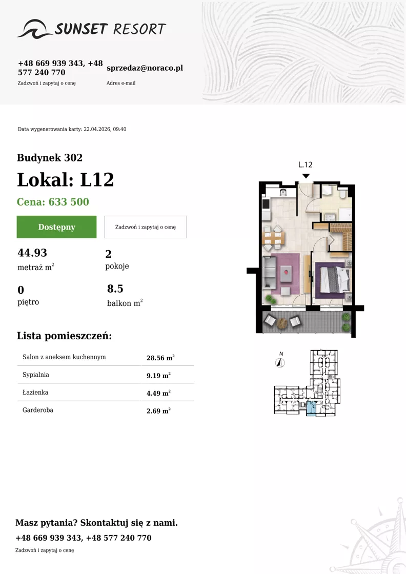 2 pokoje, apartament 44,93 m², parter, oferta nr L 12, Sunset Resort bud 302, Grzybowo, ul. Nadmorska 106