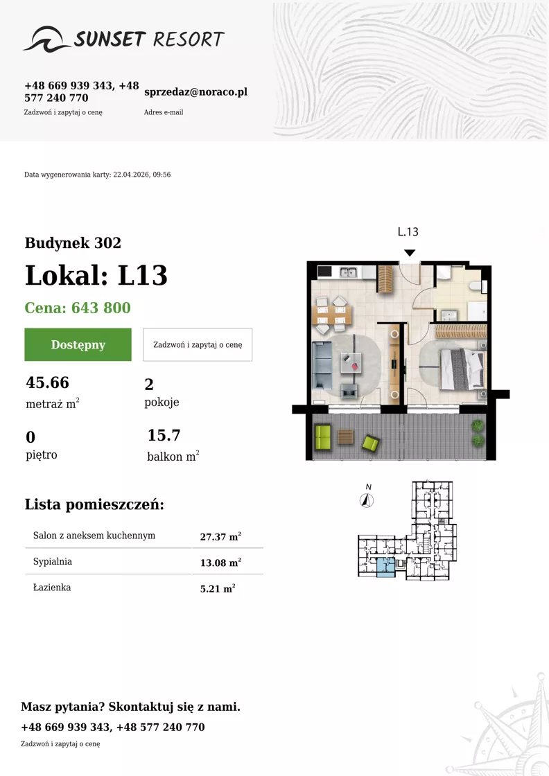 2 pokoje, apartament 45,66 m², parter, oferta nr L 13, Sunset Resort bud 302, Grzybowo, ul. Nadmorska 106