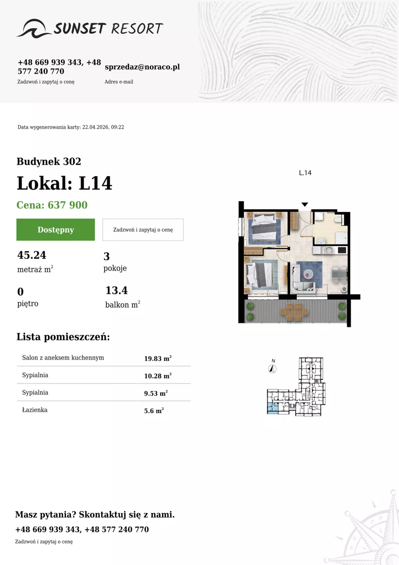 3 pokoje, apartament 45,24 m², parter, oferta nr L 14, Sunset Resort bud 302, Grzybowo, ul. Nadmorska 106