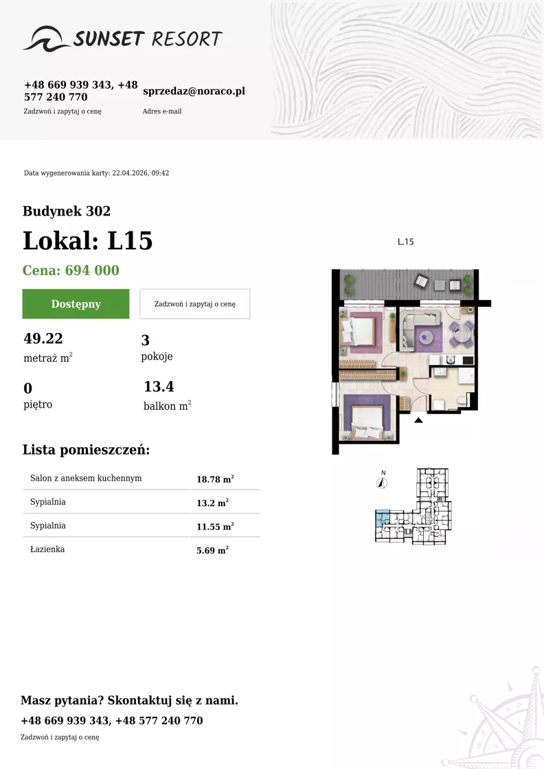 3 pokoje, apartament 49,22 m², parter, oferta nr L 15, Sunset Resort bud 302, Grzybowo, ul. Nadmorska 106