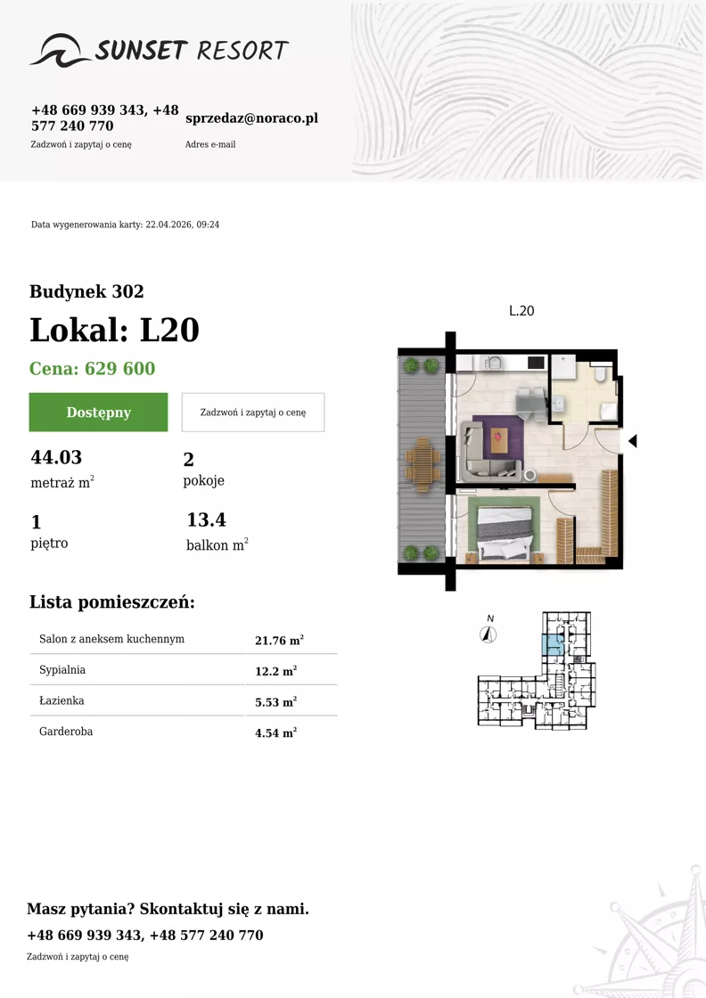 2 pokoje, apartament 44,03 m², piętro 1, oferta nr L 20, Sunset Resort bud 302, Grzybowo, ul. Nadmorska 106