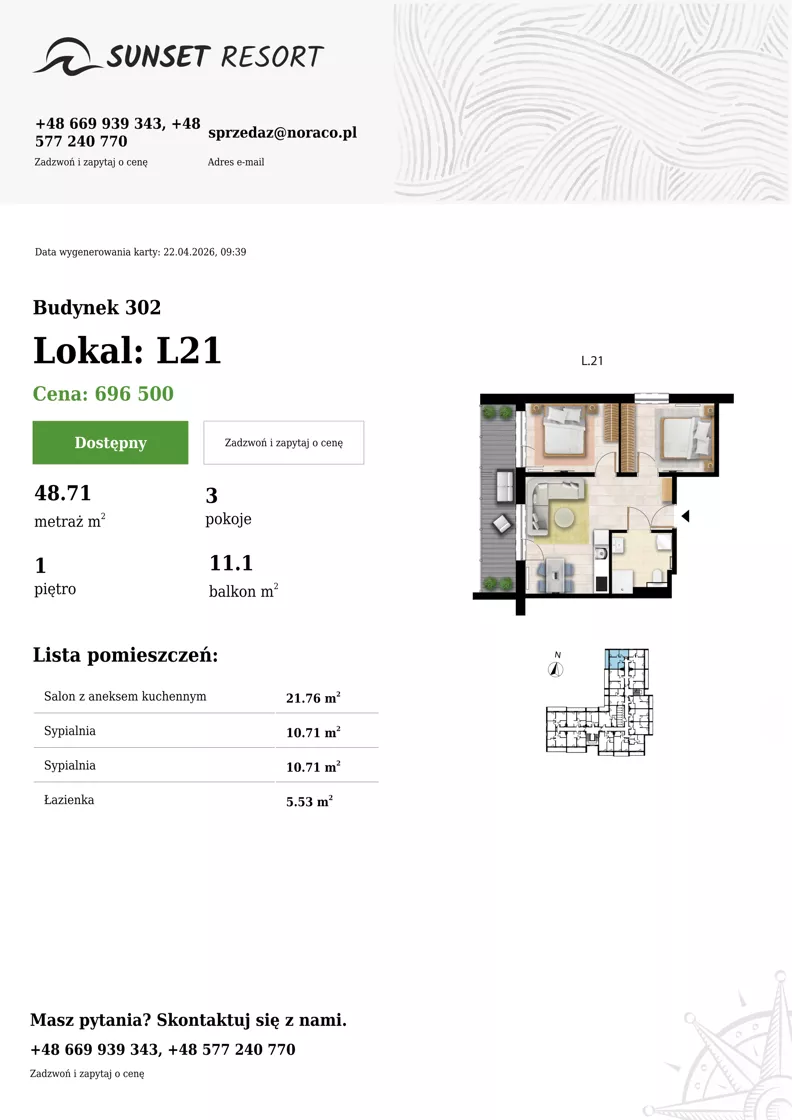 3 pokoje, apartament 48,71 m², piętro 1, oferta nr L 21, Sunset Resort bud 302, Grzybowo, ul. Nadmorska 106