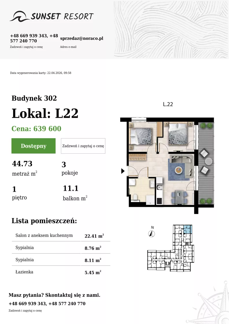 3 pokoje, apartament 44,73 m², piętro 1, oferta nr L 22, Sunset Resort bud 302, Grzybowo, ul. Nadmorska 106