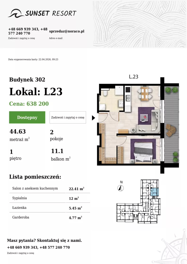 2 pokoje, apartament 44,63 m², piętro 1, oferta nr L 23, Sunset Resort bud 302, Grzybowo, ul. Nadmorska 106