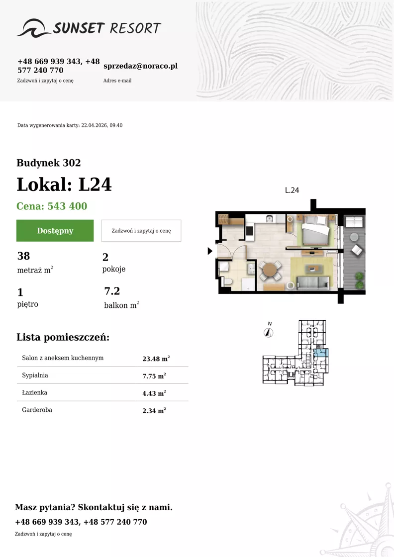 2 pokoje, apartament 38,00 m², piętro 1, oferta nr L 24, Sunset Resort bud 302, Grzybowo, ul. Nadmorska 106