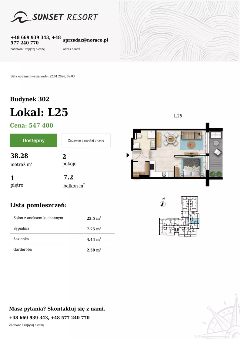 2 pokoje, apartament 38,28 m², piętro 1, oferta nr L 25, Sunset Resort bud 302, Grzybowo, ul. Nadmorska 106