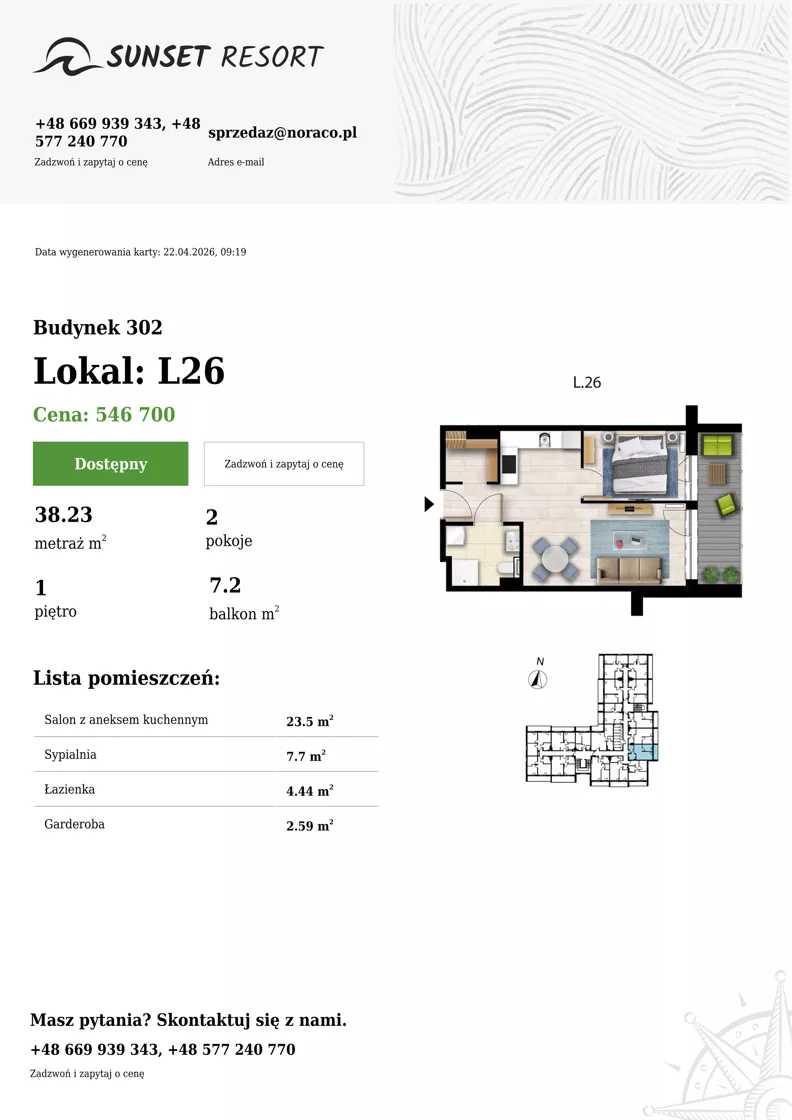 2 pokoje, apartament 38,23 m², piętro 1, oferta nr L 26, Sunset Resort bud 302, Grzybowo, ul. Nadmorska 106