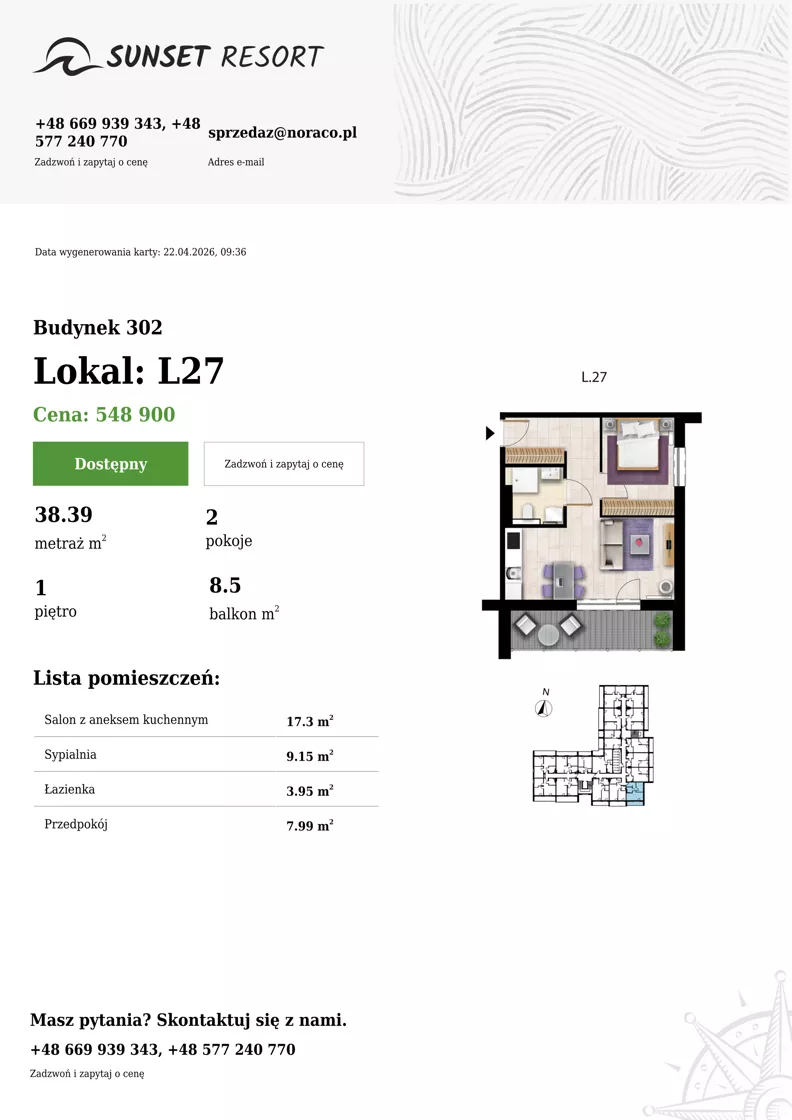 2 pokoje, apartament 38,39 m², piętro 1, oferta nr L 27, Sunset Resort bud 302, Grzybowo, ul. Nadmorska 106