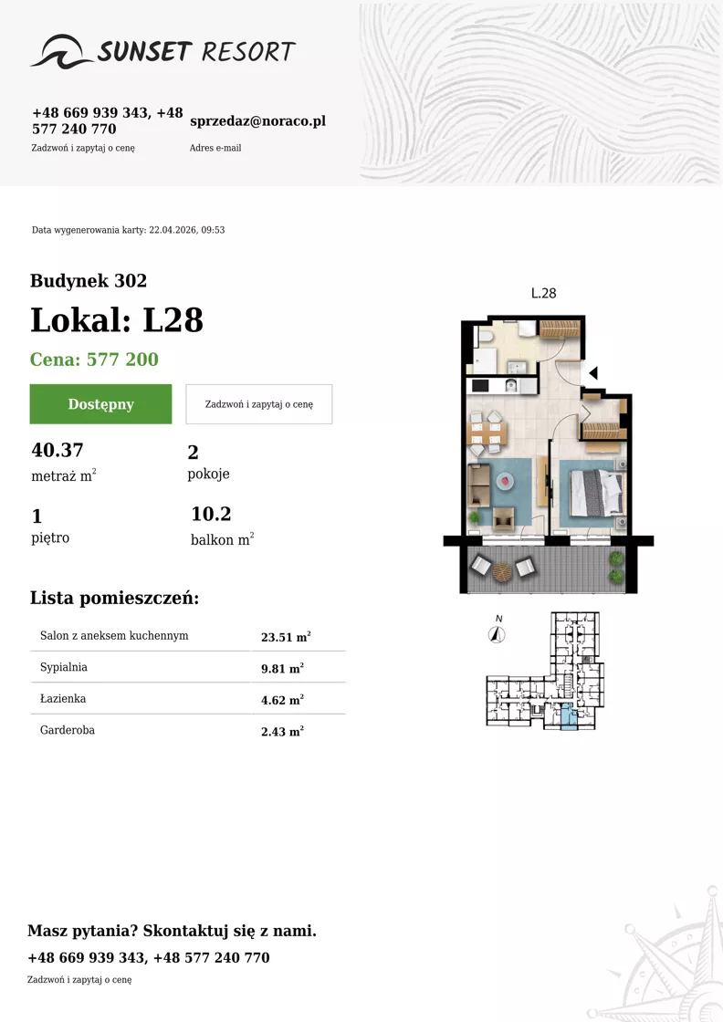 2 pokoje, apartament 40,37 m², piętro 1, oferta nr L 28, Sunset Resort bud 302, Grzybowo, ul. Nadmorska 106