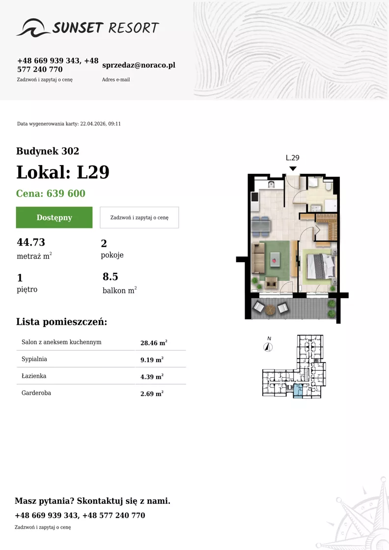2 pokoje, apartament 44,73 m², piętro 1, oferta nr L 29, Sunset Resort bud 302, Grzybowo, ul. Nadmorska 106