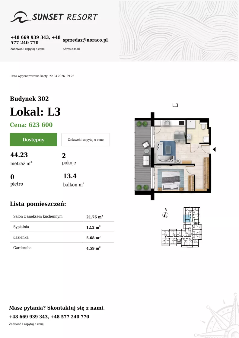 2 pokoje, apartament 44,23 m², parter, oferta nr L 3, Sunset Resort bud 302, Grzybowo, ul. Nadmorska 106