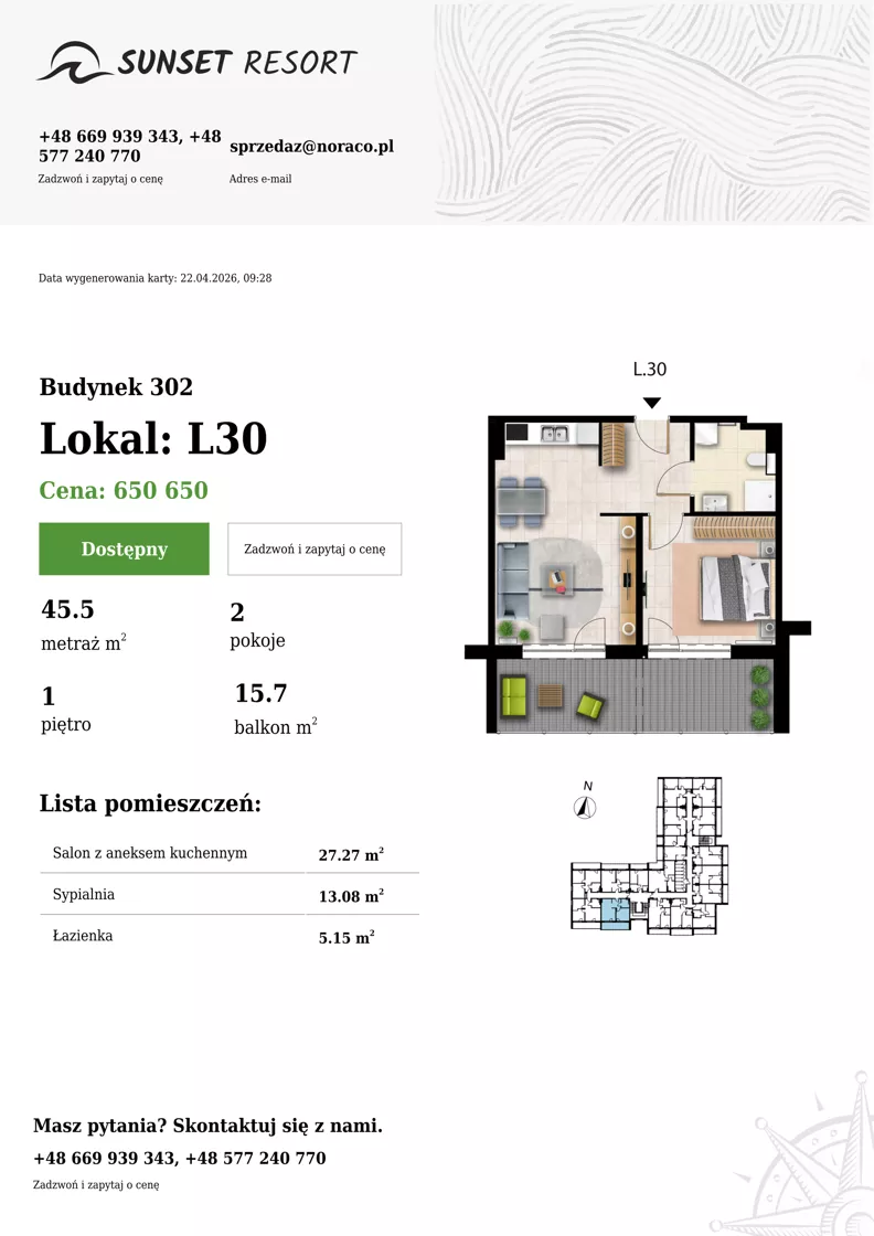 2 pokoje, apartament 45,50 m², piętro 1, oferta nr L 30, Sunset Resort bud 302, Grzybowo, ul. Nadmorska 106