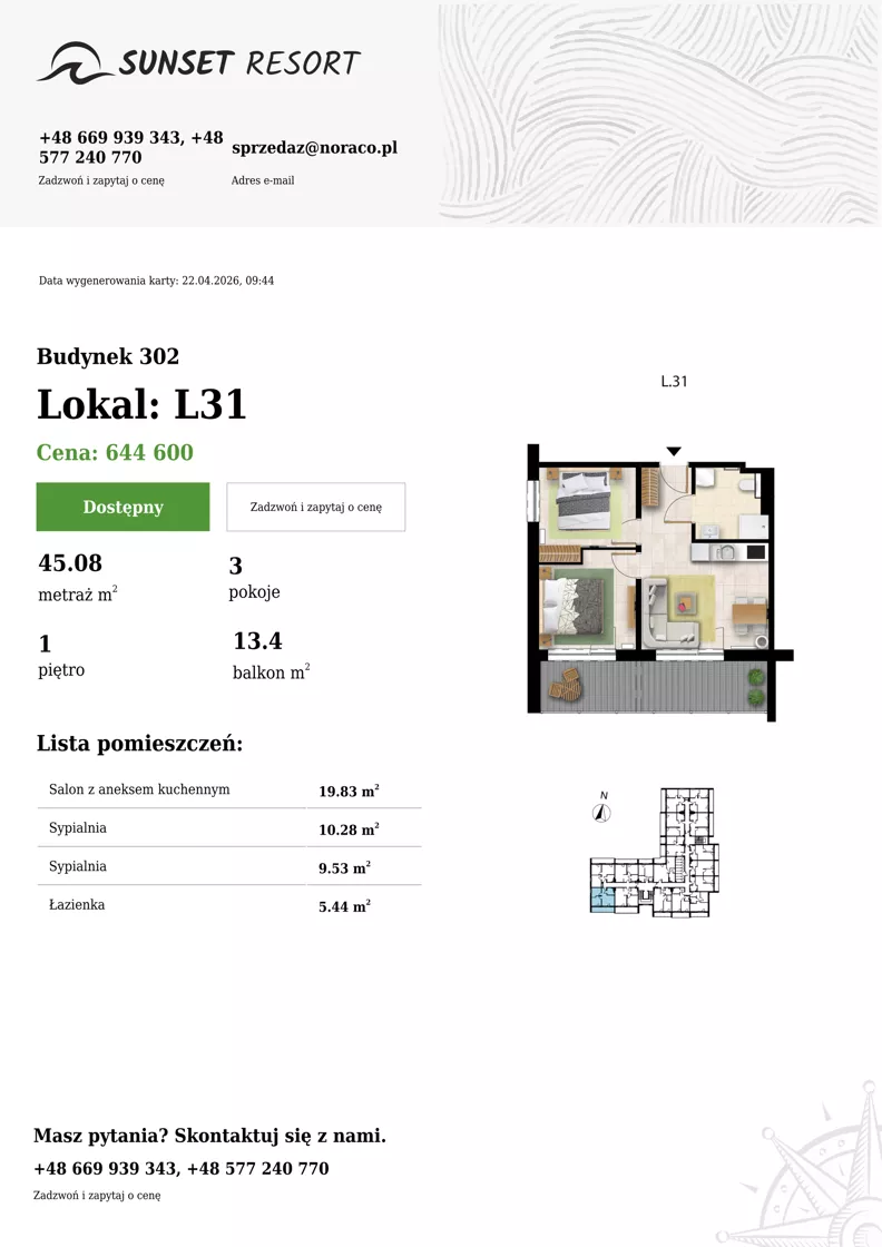 3 pokoje, apartament 45,08 m², piętro 1, oferta nr L 31, Sunset Resort bud 302, Grzybowo, ul. Nadmorska 106