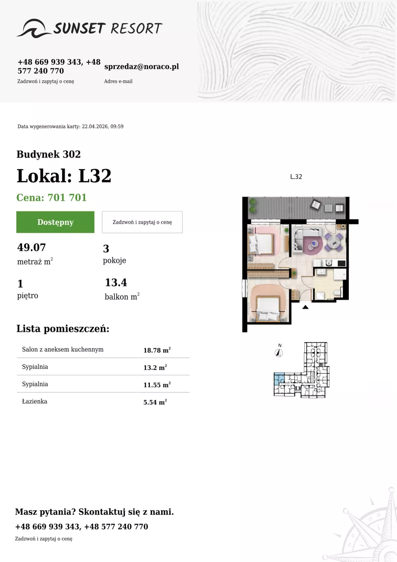 3 pokoje, apartament 49,07 m², piętro 1, oferta nr L 32, Sunset Resort bud 302, Grzybowo, ul. Nadmorska 106
