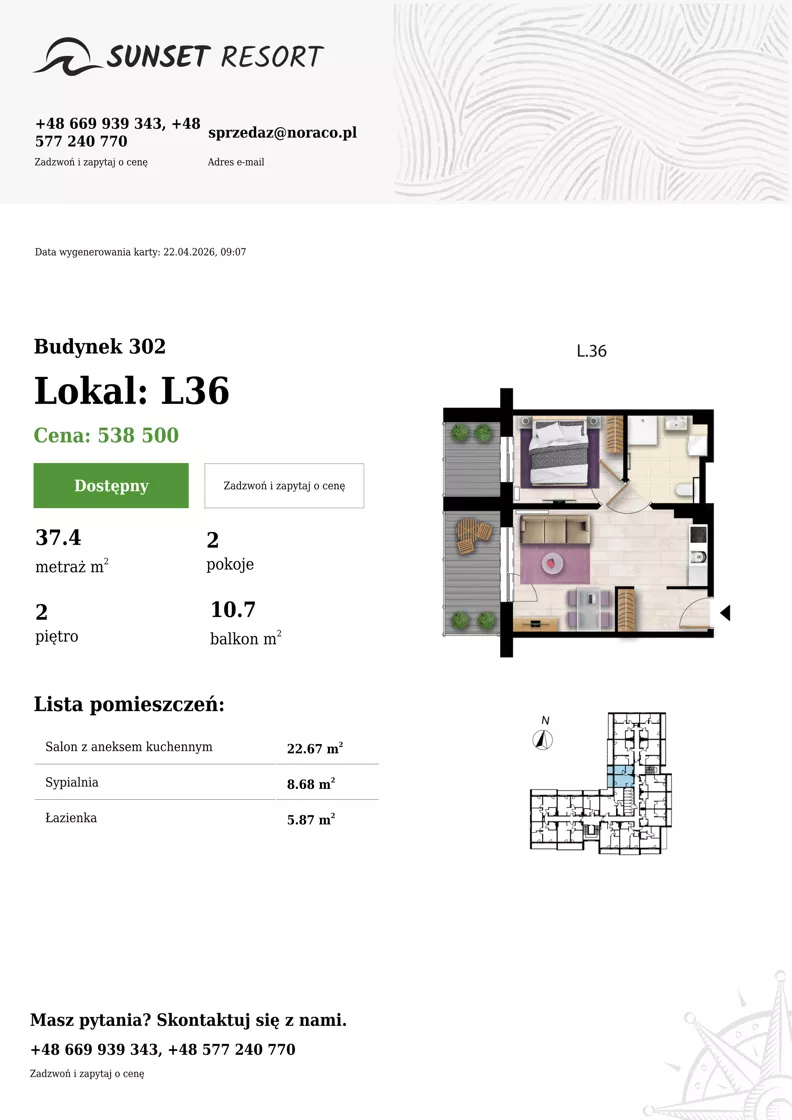 2 pokoje, apartament 37,40 m², piętro 2, oferta nr L 36, Sunset Resort bud 302, Grzybowo, ul. Nadmorska 106