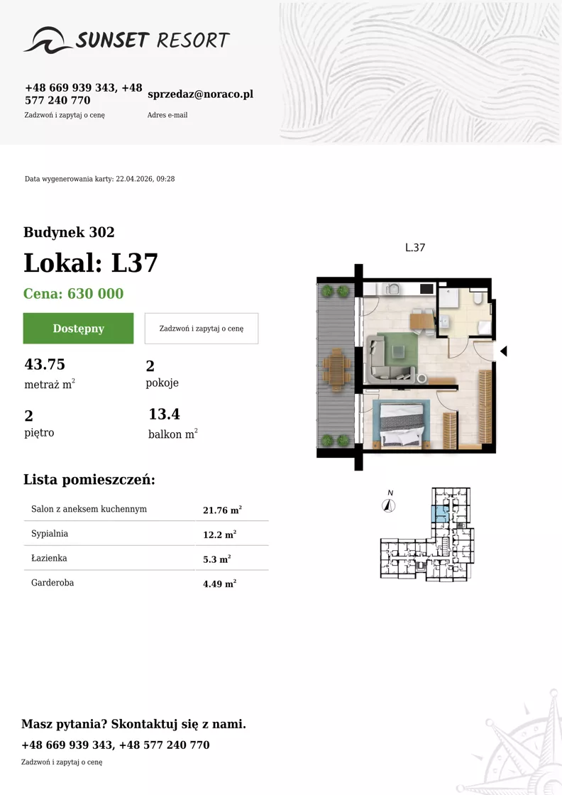 2 pokoje, apartament 43,75 m², piętro 2, oferta nr L 37, Sunset Resort bud 302, Grzybowo, ul. Nadmorska 106