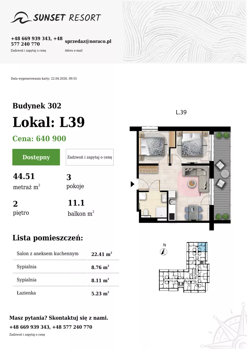 3 pokoje, apartament 44,51 m², piętro 2, oferta nr L 39, Sunset Resort bud 302, Grzybowo, ul. Nadmorska 106