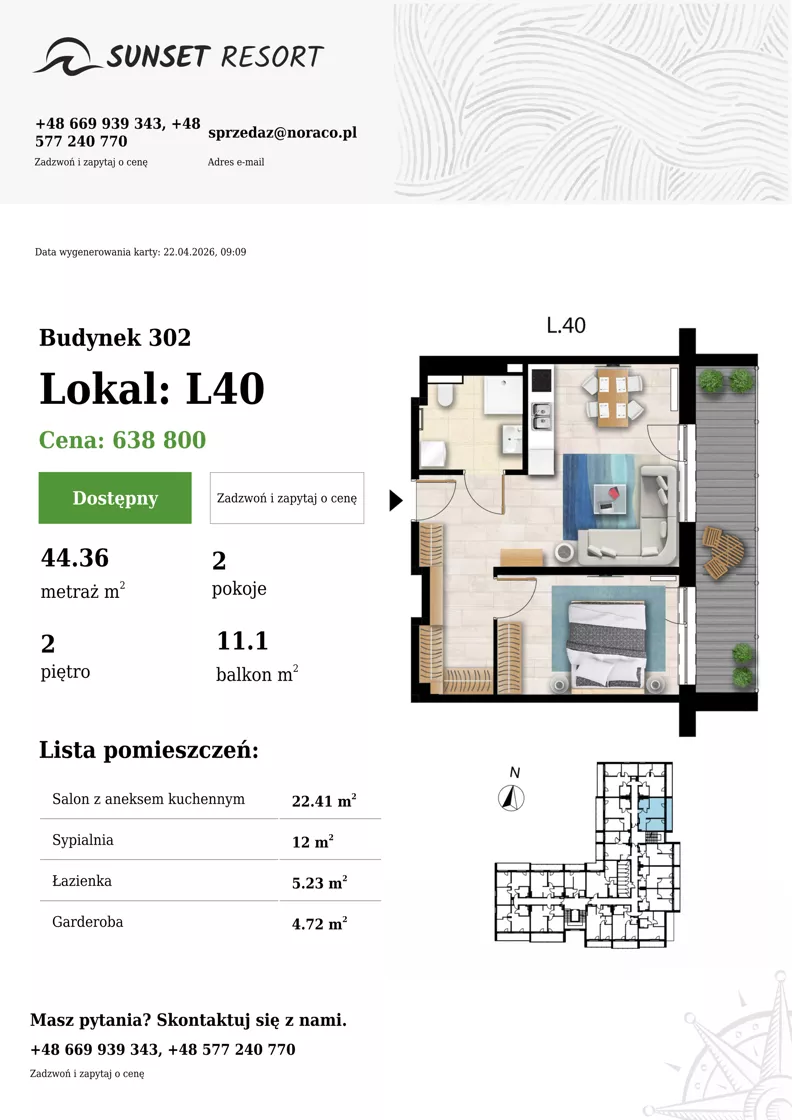2 pokoje, apartament 44,36 m², piętro 2, oferta nr L 40, Sunset Resort bud 302, Grzybowo, ul. Nadmorska 106