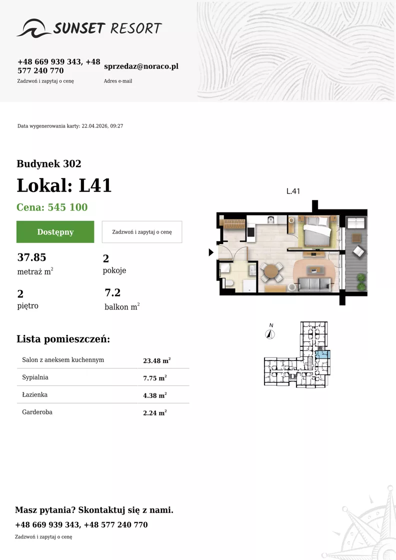 2 pokoje, apartament 37,85 m², piętro 2, oferta nr L 41, Sunset Resort bud 302, Grzybowo, ul. Nadmorska 106