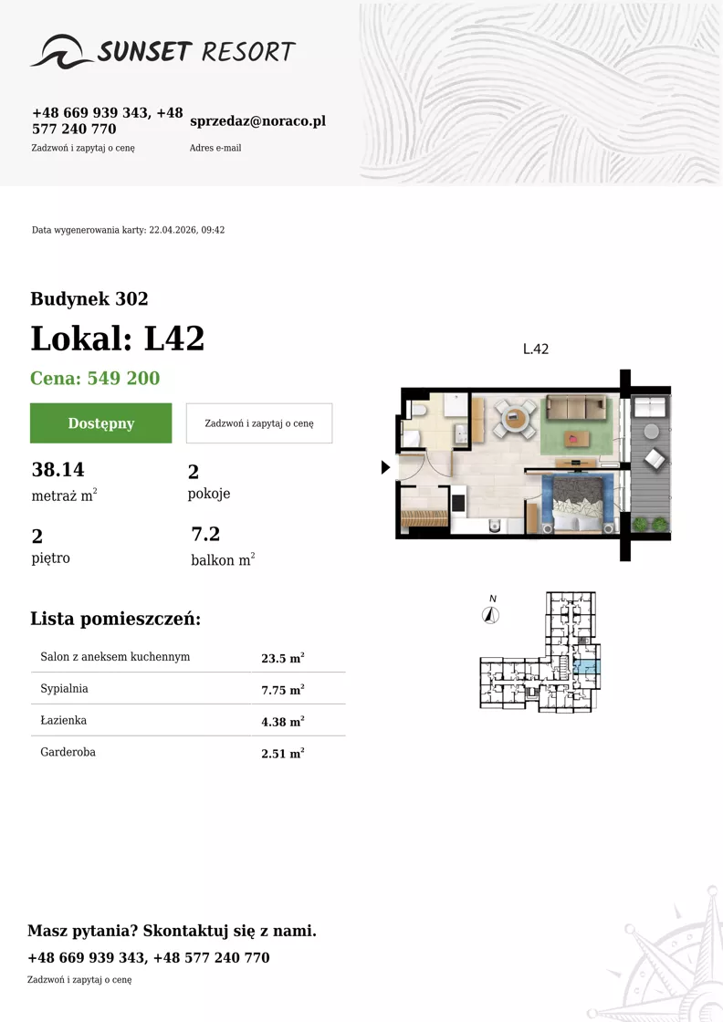 2 pokoje, apartament 38,14 m², piętro 2, oferta nr L 42, Sunset Resort bud 302, Grzybowo, ul. Nadmorska 106
