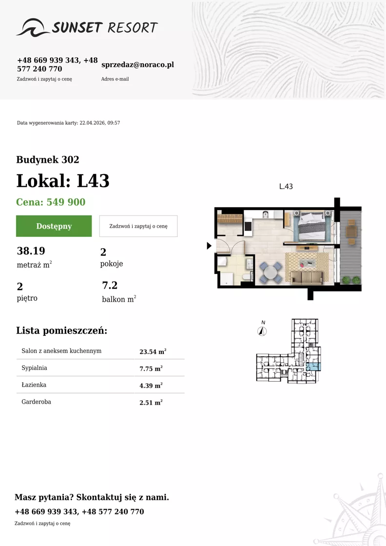 2 pokoje, apartament 38,19 m², piętro 2, oferta nr L 43, Sunset Resort bud 302, Grzybowo, ul. Nadmorska 106