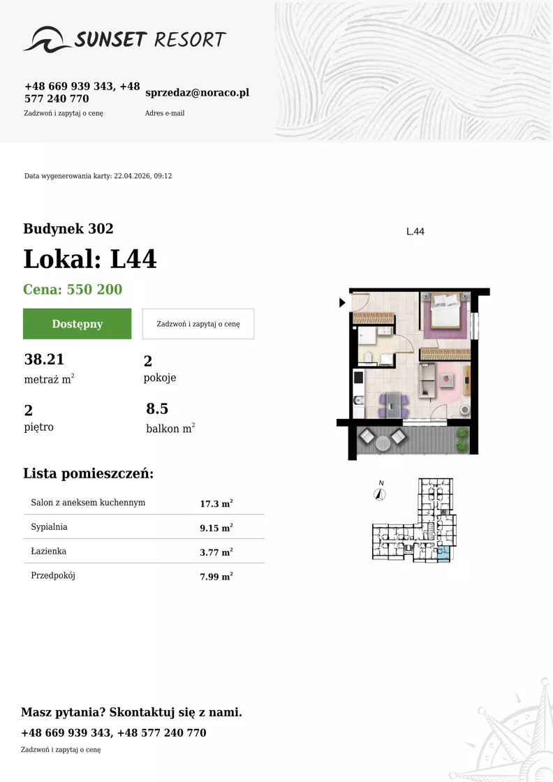 2 pokoje, apartament 38,21 m², piętro 2, oferta nr L 44, Sunset Resort bud 302, Grzybowo, ul. Nadmorska 106