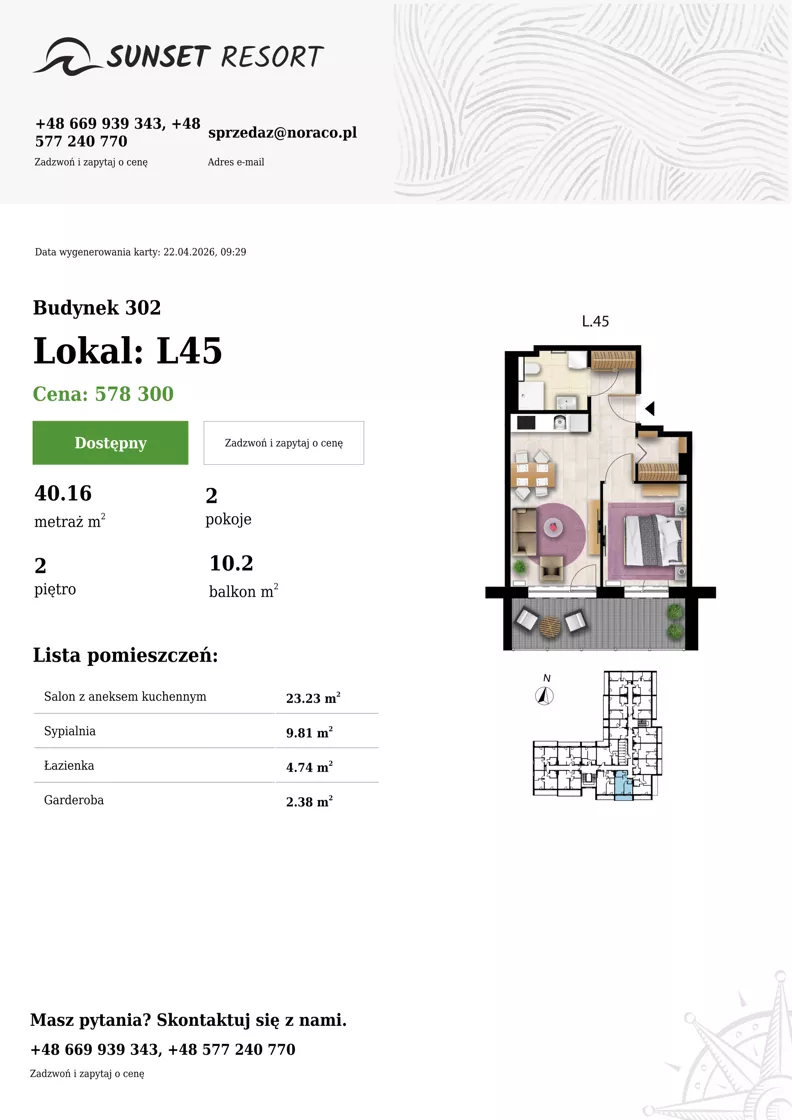 2 pokoje, apartament 40,16 m², piętro 2, oferta nr L 45, Sunset Resort bud 302, Grzybowo, ul. Nadmorska 106