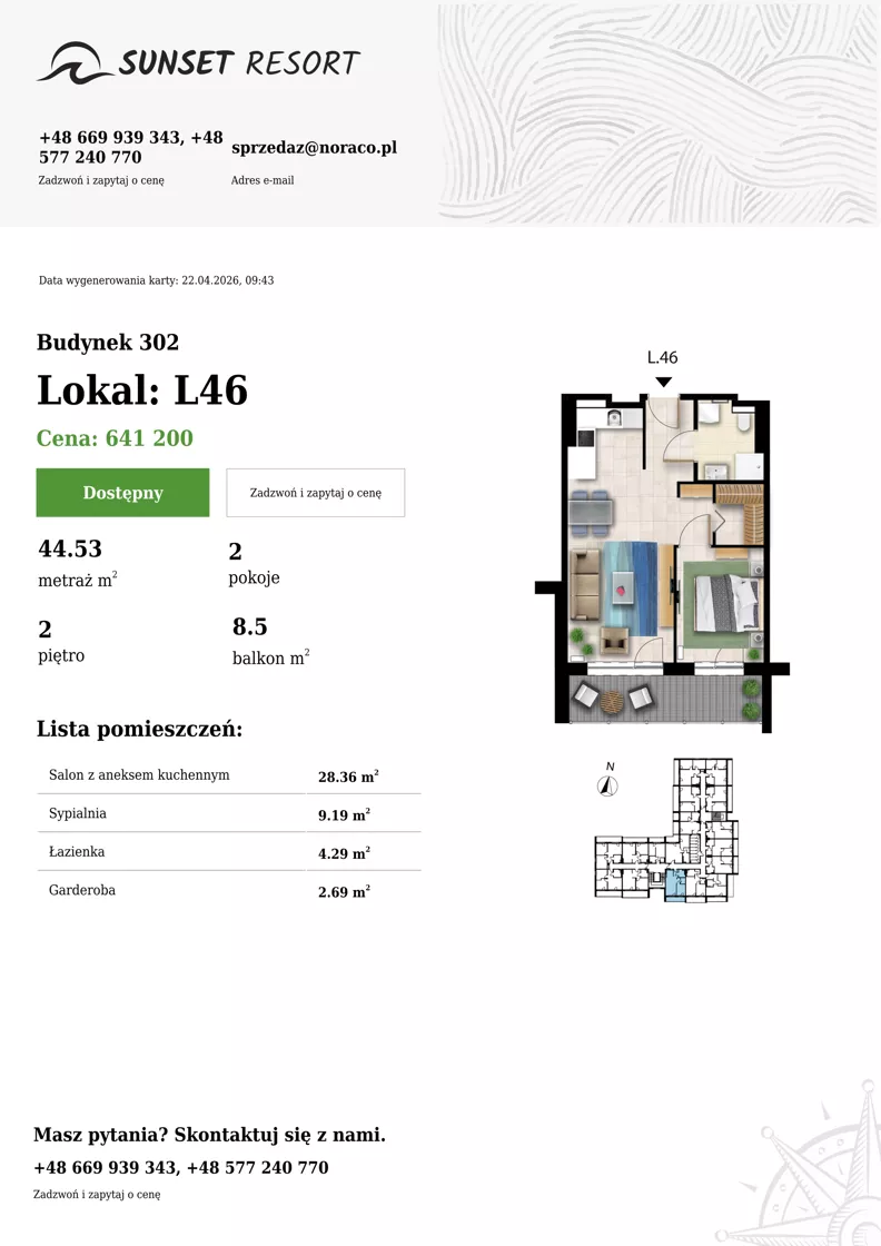 2 pokoje, apartament 44,53 m², piętro 2, oferta nr L 46, Sunset Resort bud 302, Grzybowo, ul. Nadmorska 106