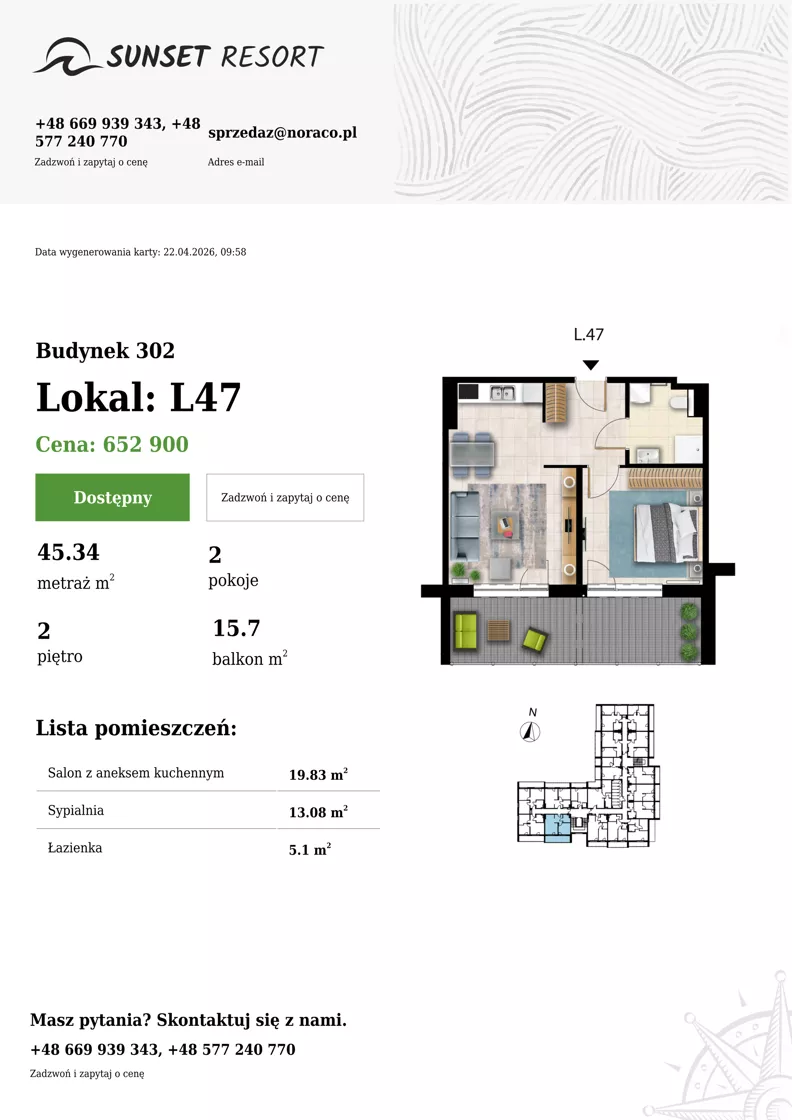 2 pokoje, apartament 45,34 m², piętro 2, oferta nr L 47, Sunset Resort bud 302, Grzybowo, ul. Nadmorska 106