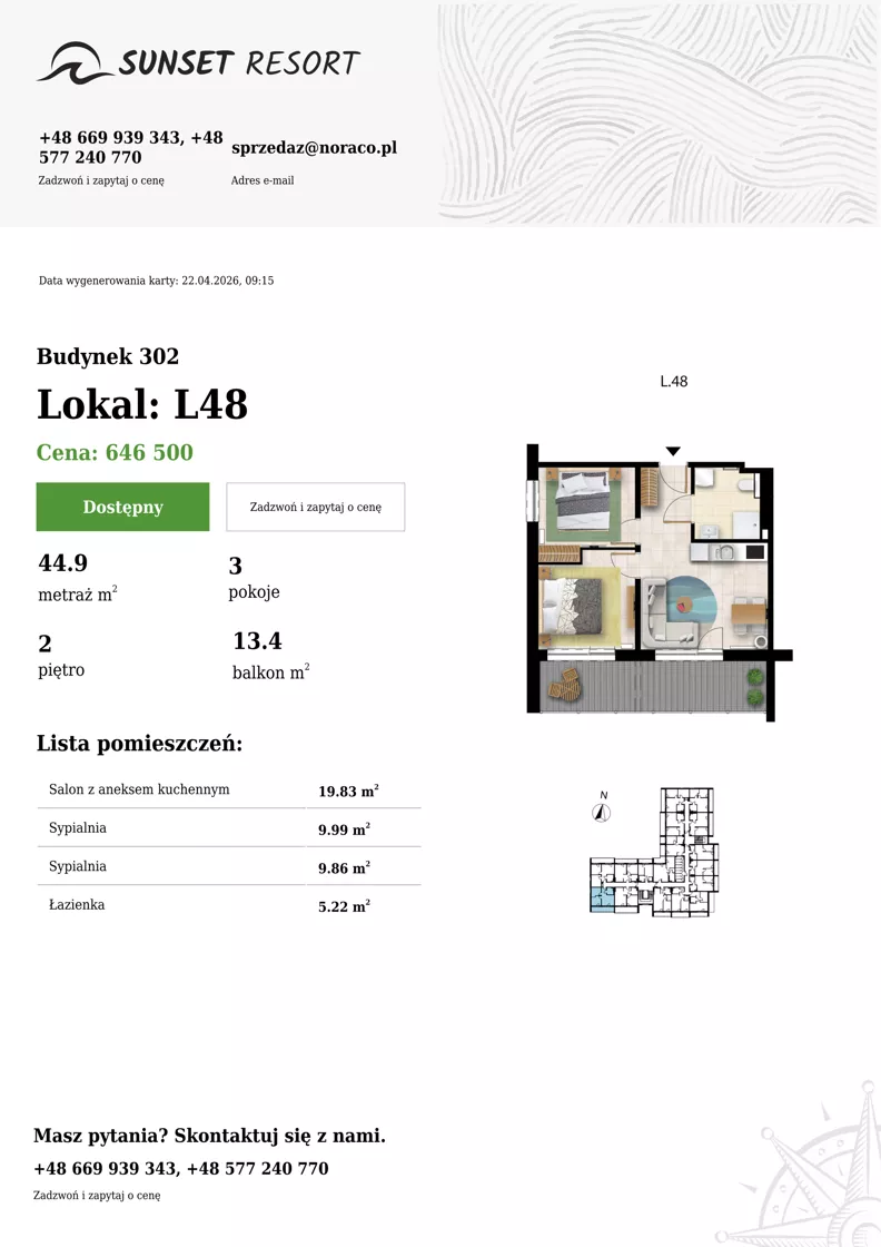3 pokoje, apartament 44,90 m², piętro 2, oferta nr L 48, Sunset Resort bud 302, Grzybowo, ul. Nadmorska 106