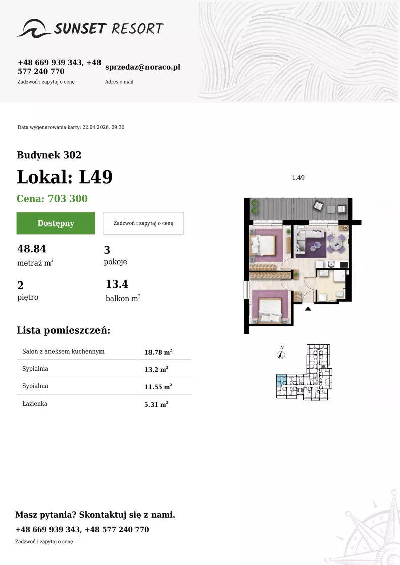 3 pokoje, apartament 48,84 m², piętro 2, oferta nr L 49, Sunset Resort bud 302, Grzybowo, ul. Nadmorska 106