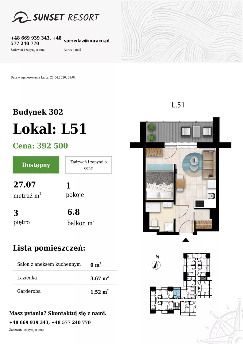 1 pokój, apartament 27,07 m², piętro 3, oferta nr L 51, Sunset Resort bud 302, Grzybowo, ul. Nadmorska 106