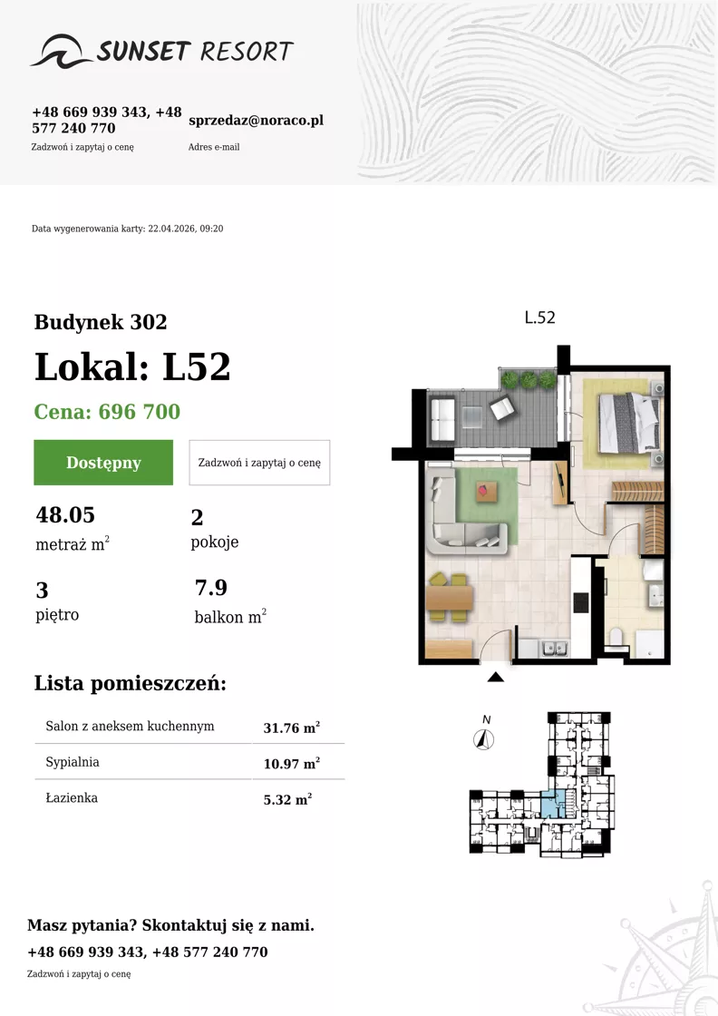 2 pokoje, apartament 48,05 m², piętro 3, oferta nr L 52, Sunset Resort bud 302, Grzybowo, ul. Nadmorska 106