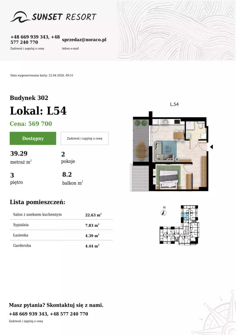 2 pokoje, apartament 39,29 m², piętro 3, oferta nr L 54, Sunset Resort bud 302, Grzybowo, ul. Nadmorska 106
