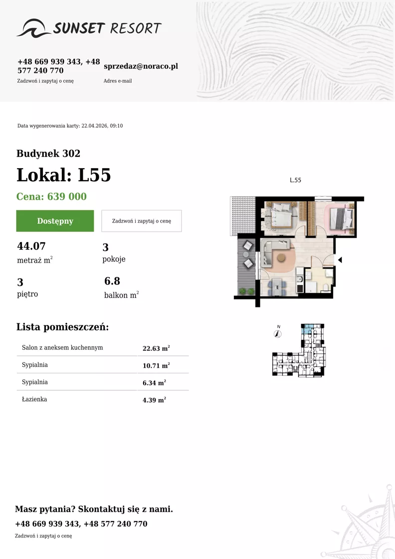 3 pokoje, apartament 44,07 m², piętro 3, oferta nr L 55, Sunset Resort bud 302, Grzybowo, ul. Nadmorska 106