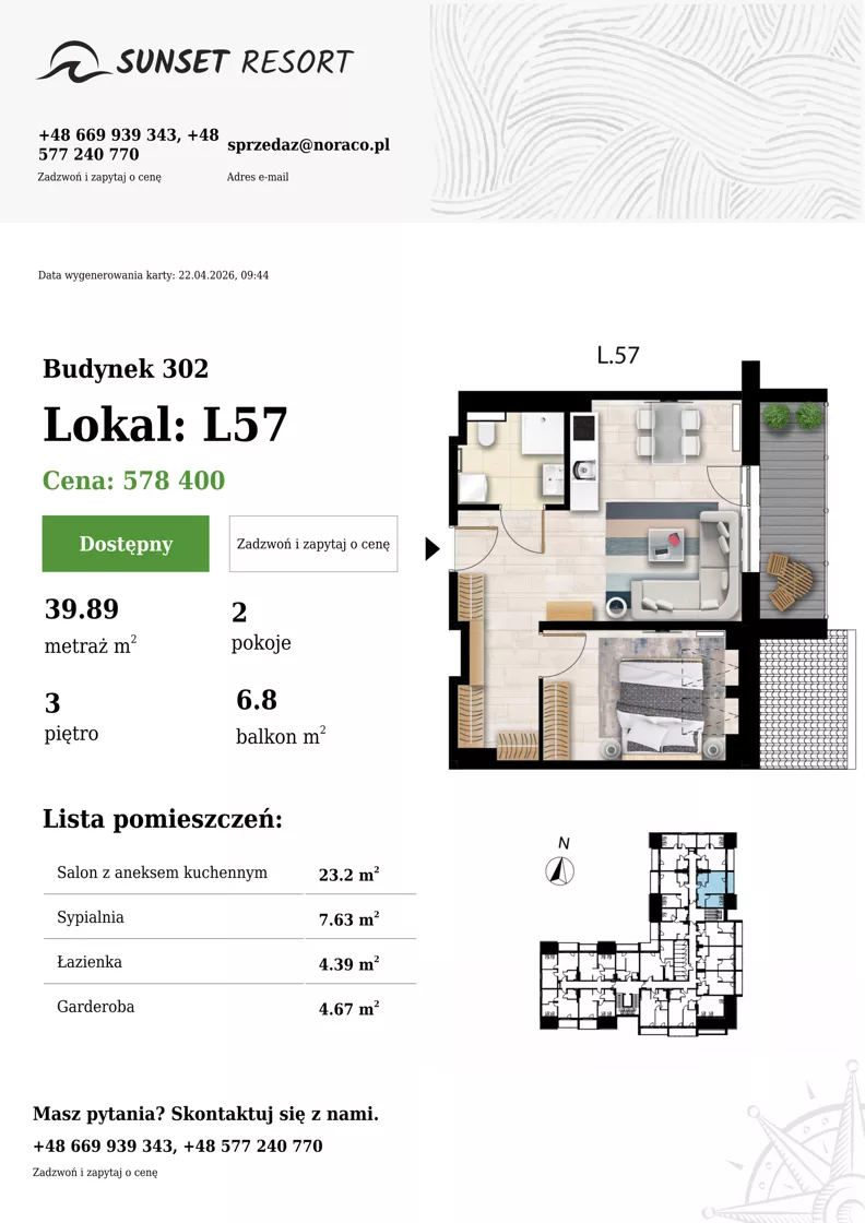 2 pokoje, apartament 39,89 m², piętro 3, oferta nr L 57, Sunset Resort bud 302, Grzybowo, ul. Nadmorska 106