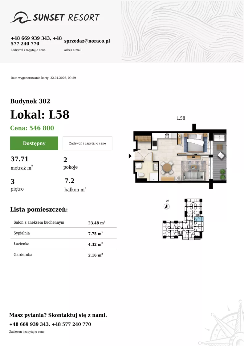 2 pokoje, apartament 37,71 m², piętro 3, oferta nr L 58, Sunset Resort bud 302, Grzybowo, ul. Nadmorska 106